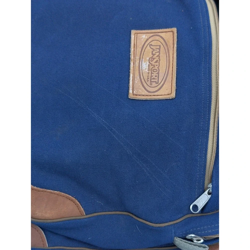 Jansport Messenger Laptop Bag Shoulder Strap Blue Canvas Leather Made In USA VTG